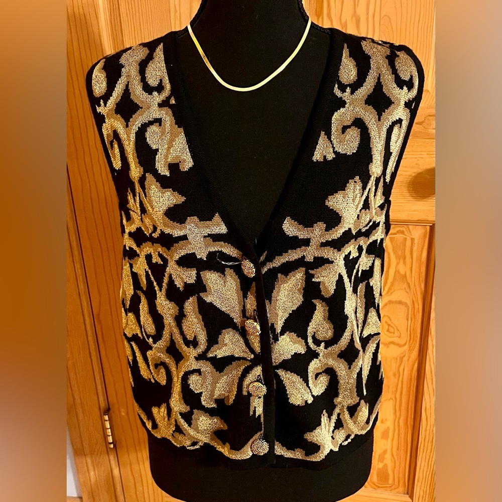 Vintage Peter Nygard Gold Metallic Knit Sweater Vest Small 90s Mob Wife Baroque - Picture 12 of 15